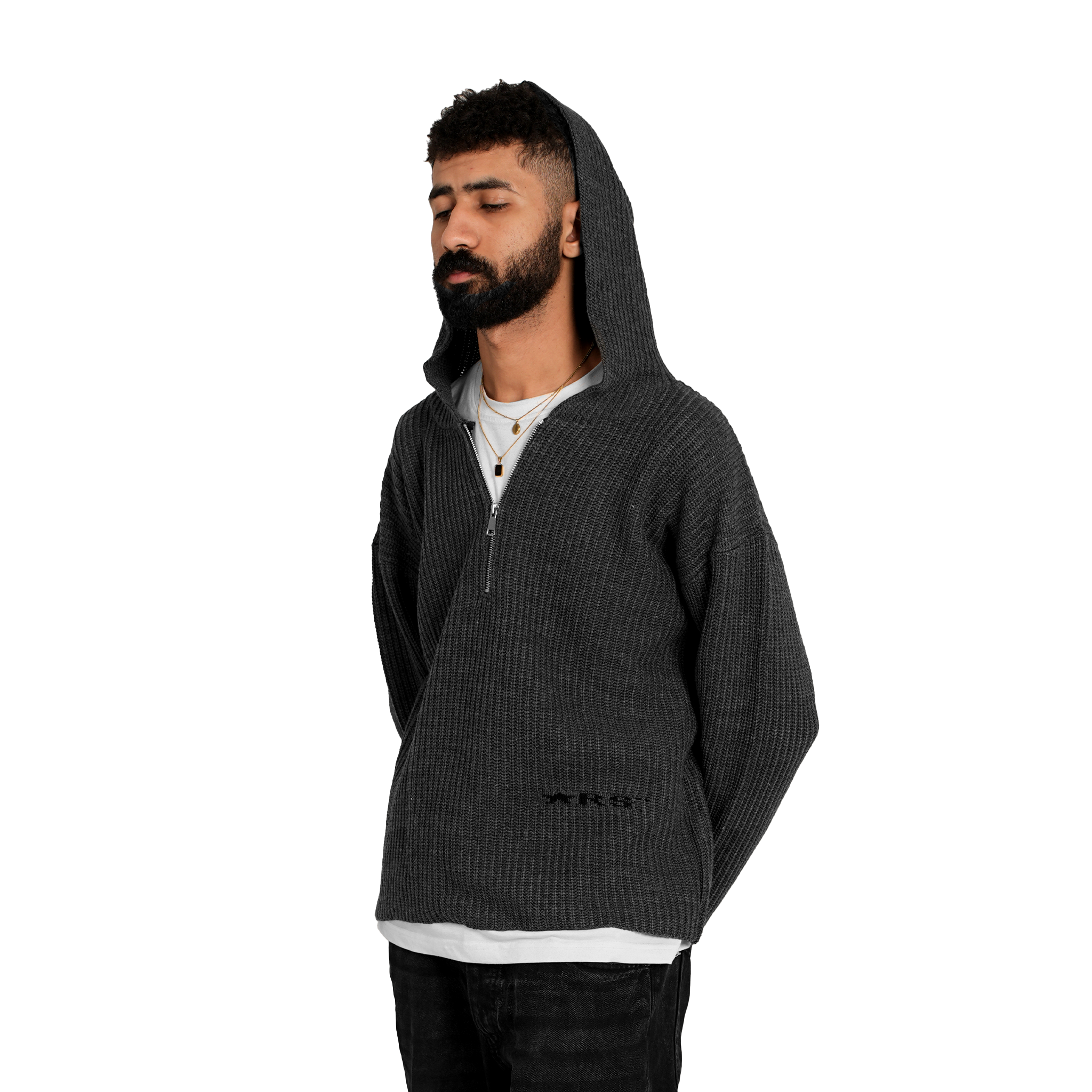 1/4 zip knit hoodie - anthracite