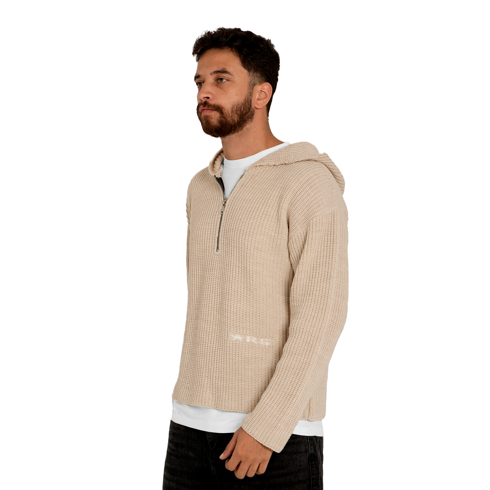1/4 zip knit hoodie - beige