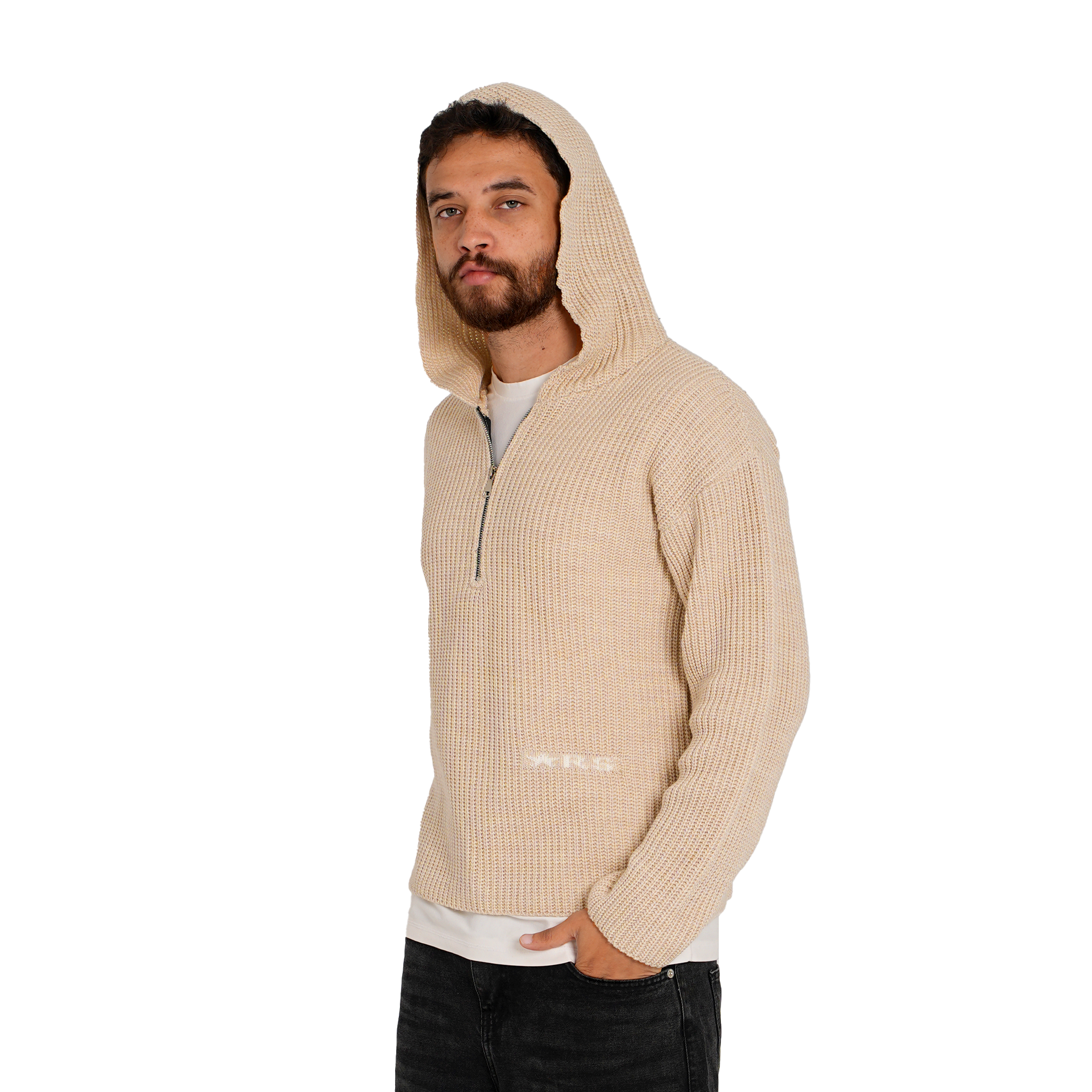 1/4 zip knit hoodie - beige