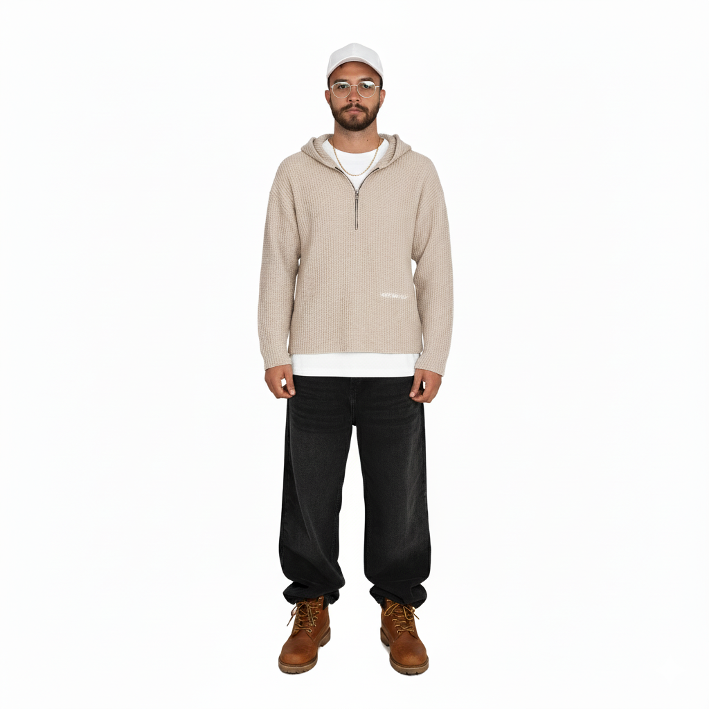 1/4 zip knit hoodie - beige